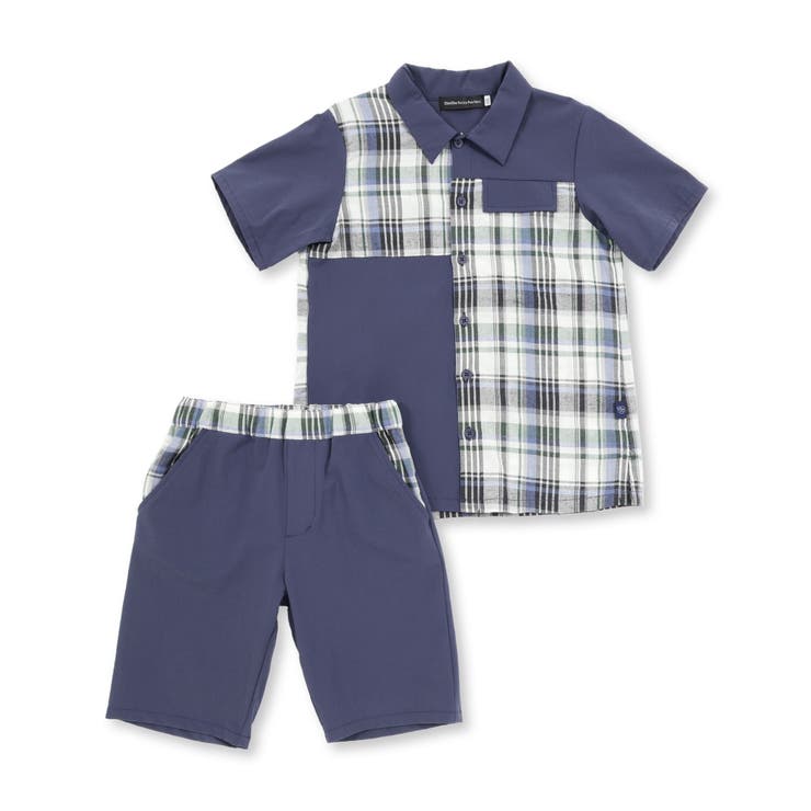 チェック＆無地切り替え半袖シャツ+ハーフパンツセットアップ(95~150cm) | BeBe Petits Pois Vert | 詳細画像8 