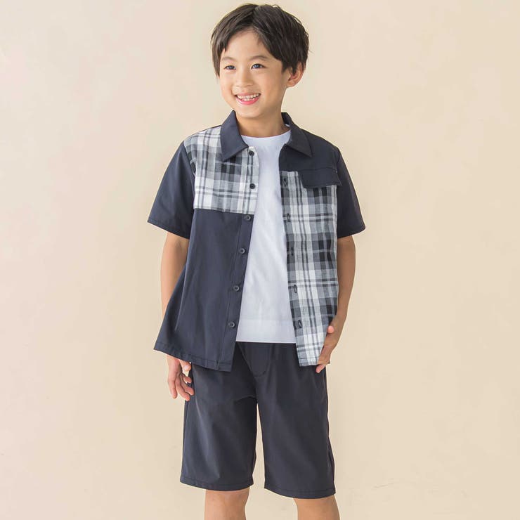 ブラック系 | チェック＆無地切り替え半袖シャツ+ハーフパンツセットアップ(95~150cm) | BeBe Petits Pois Vert