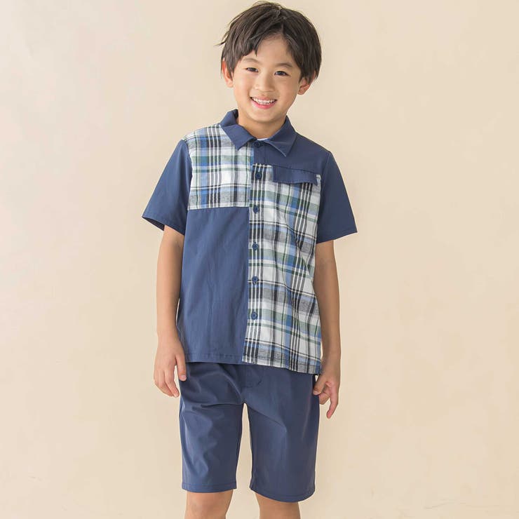 ブルー系 | チェック＆無地切り替え半袖シャツ+ハーフパンツセットアップ(95~150cm) | BeBe Petits Pois Vert