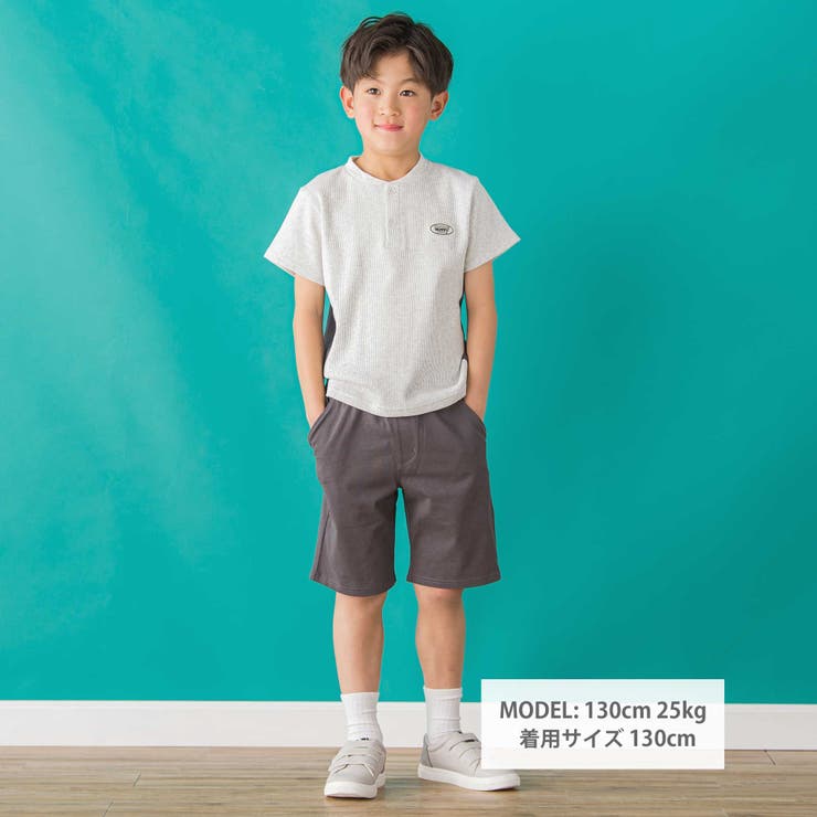 ワッフル×天竺ワッペン半袖Tシャツ＋ショートパンツセットアップ | BeBe Petits Pois Vert | 詳細画像2 