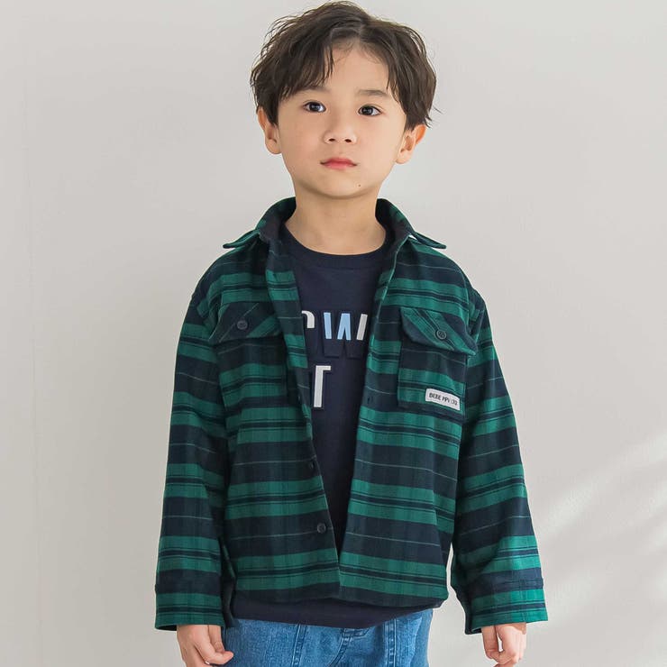 グリーン系 | 【店舗限定】【お揃い】チェックフラップポケット長袖シャツ(95~150cm) | BeBe Petits Pois Vert