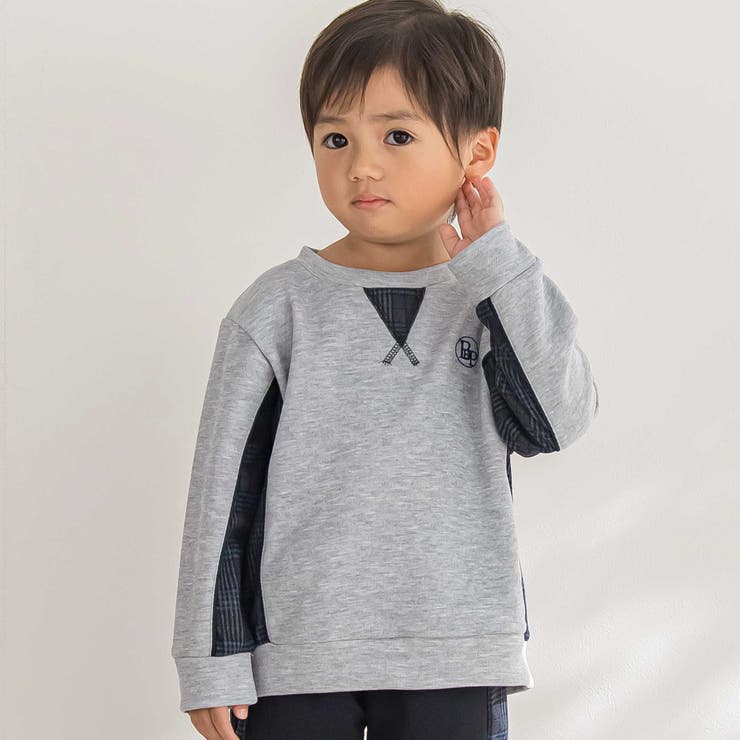 【店舗限定】【お揃い】カノコボンディングチェックジャガード切り替えトレーナー(9… | BeBe Petits Pois Vert | 詳細画像1 