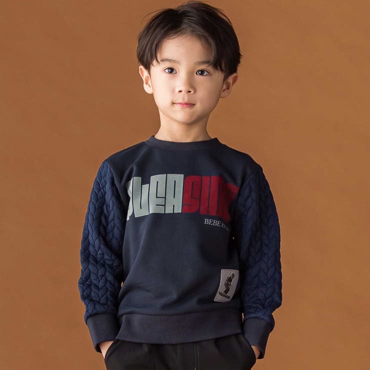 ネイビー | 【店舗限定】裏毛×袖キルトジャガードトレーナー(95~160cm) | BeBe Petits Pois Vert