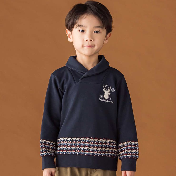ネイビー系 | ショールカラー裏毛×ノルディック切り替えトレーナー | BeBe Petits Pois Vert