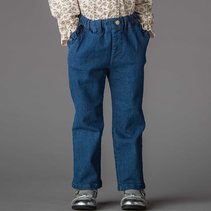 ネイビー | 【店舗限定】フリルストレッチデニムロングパンツ(95~150cm) | BeBe Petits Pois Vert