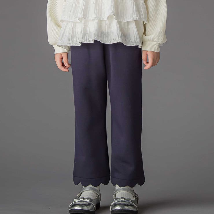 ネイビー | 【店舗限定】裏起毛ポンチ裾スカラップロングパンツ(95~150cm) | BeBe Petits Pois Vert