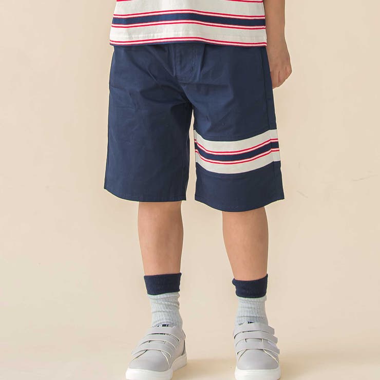 ネイビー | ストレッチチノライン切替ハーフパンツ(95~160cm) | BeBe Petits Pois Vert