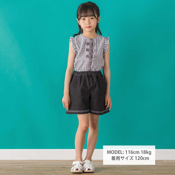 【店舗限定】裾ステッチリボンデニムショートパンツ(95~160cm) | BeBe Petits Pois Vert | 詳細画像2 