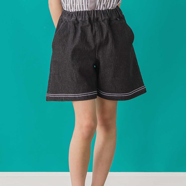 ブラック | 【店舗限定】裾ステッチリボンデニムショートパンツ(95~160cm) | BeBe Petits Pois Vert