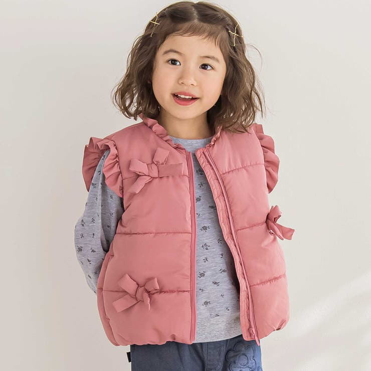 【店舗限定】リボンフリルタフタ中綿ベスト(95~150cm) | BeBe Petits Pois Vert | 詳細画像1 