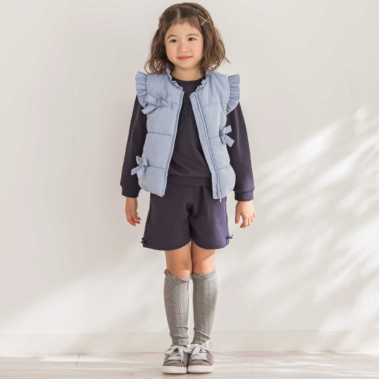 【店舗限定】リボンフリルタフタ中綿ベスト(95~150cm) | BeBe Petits Pois Vert | 詳細画像3 