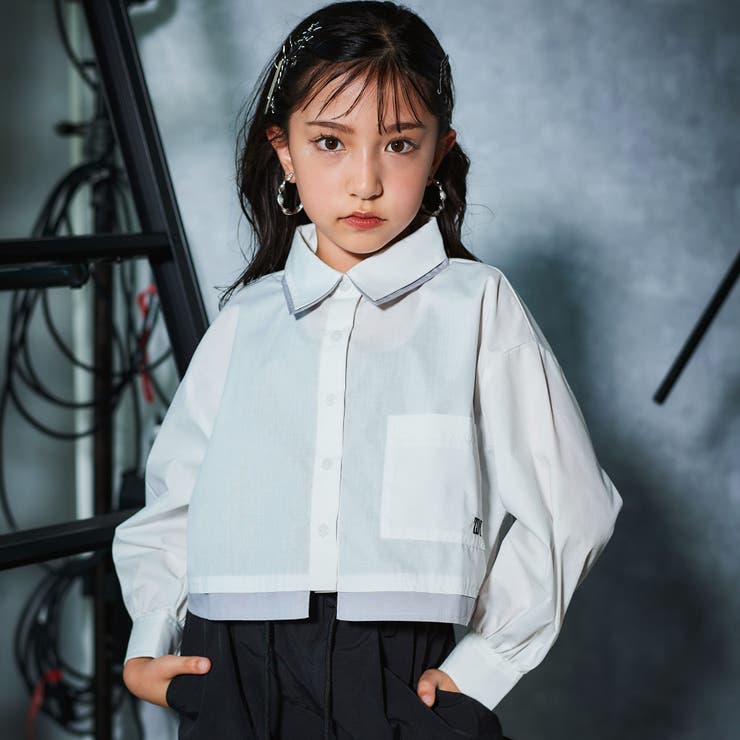 ホワイト | ダブル襟長袖シャツブラウス&タンクトップセット(130~160cm) | ZIDDY