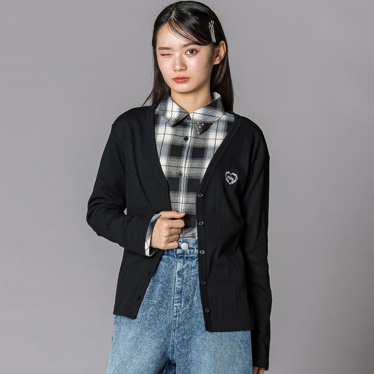 ブラック系 | チェックシャツ×リブカーディガンセット(130~160cm) | ZIDDY