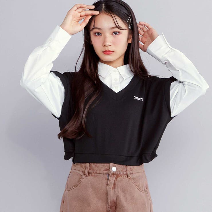 【 ニコ☆プチ 掲載 】ショートベストドッキング風シャツ(130~160cm) | ZIDDY | 詳細画像3 