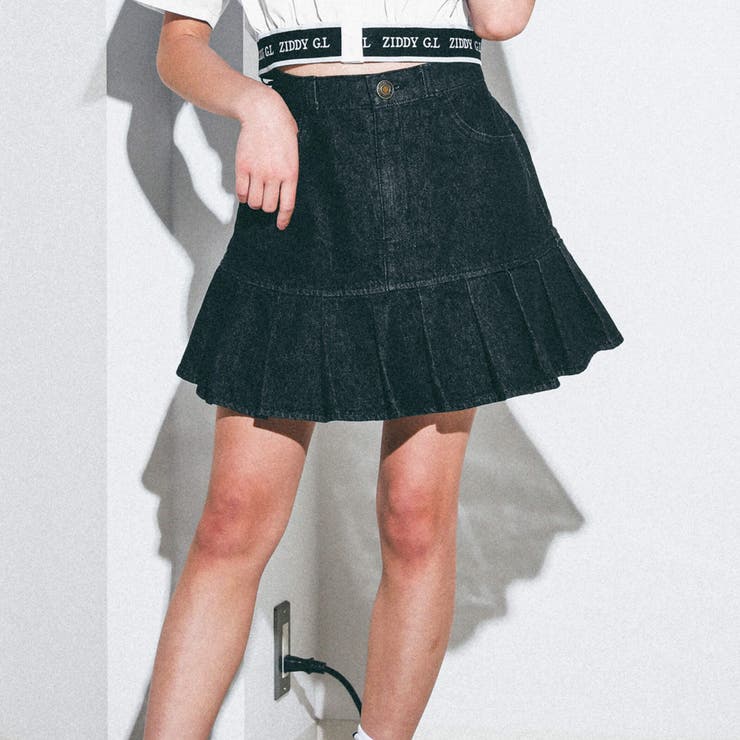 ブラック | 裾切り替えプリーツデニムスカパン(130~160cm) | ZIDDY