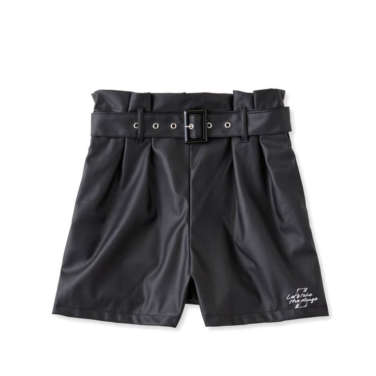 装飾付き黒ショートパンツ ベルト付きフェイクレザーショートパンツ(130~160cm)[品番
