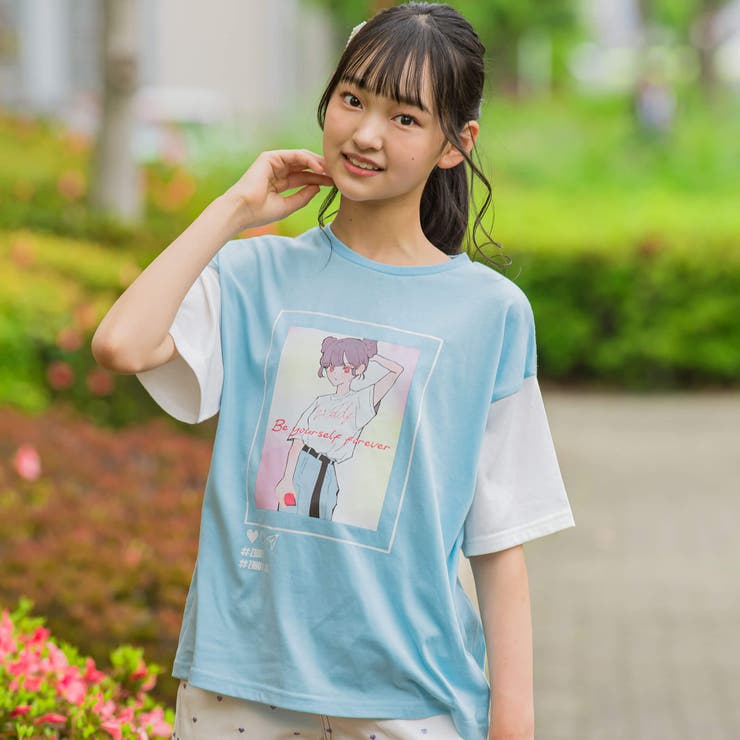 ブルー】オンナノコプリントTシャツ(130~160cm)[品番：BEBK0002317