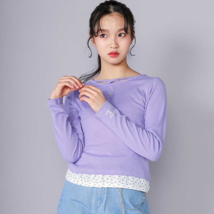パープル | 【 ニコ☆プチ 掲載 】クロスネック裾花柄Tシャツ(130~160cm) | ZIDDY