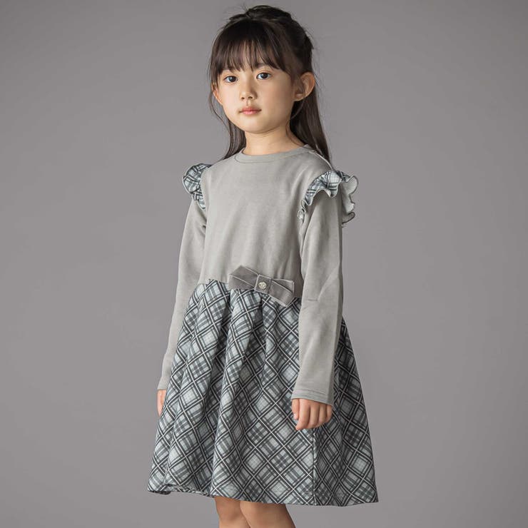 【お揃い】チェック柄裏毛ベロアリボンタックワンピース(95~150cm) | BeBe Petits Pois Vert | 詳細画像1 