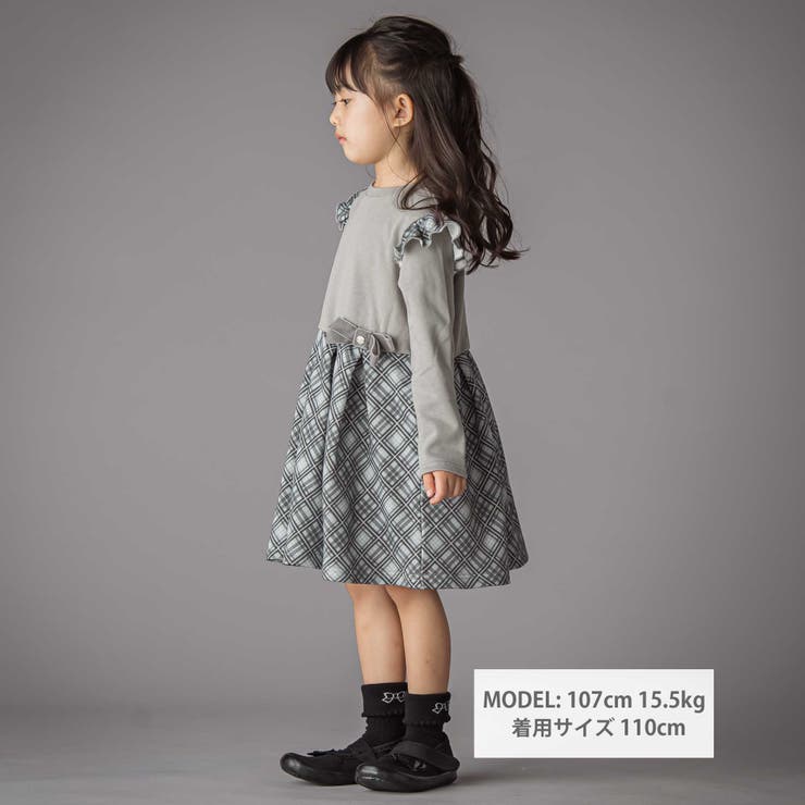 【お揃い】チェック柄裏毛ベロアリボンタックワンピース(95~150cm) | BeBe Petits Pois Vert | 詳細画像2 