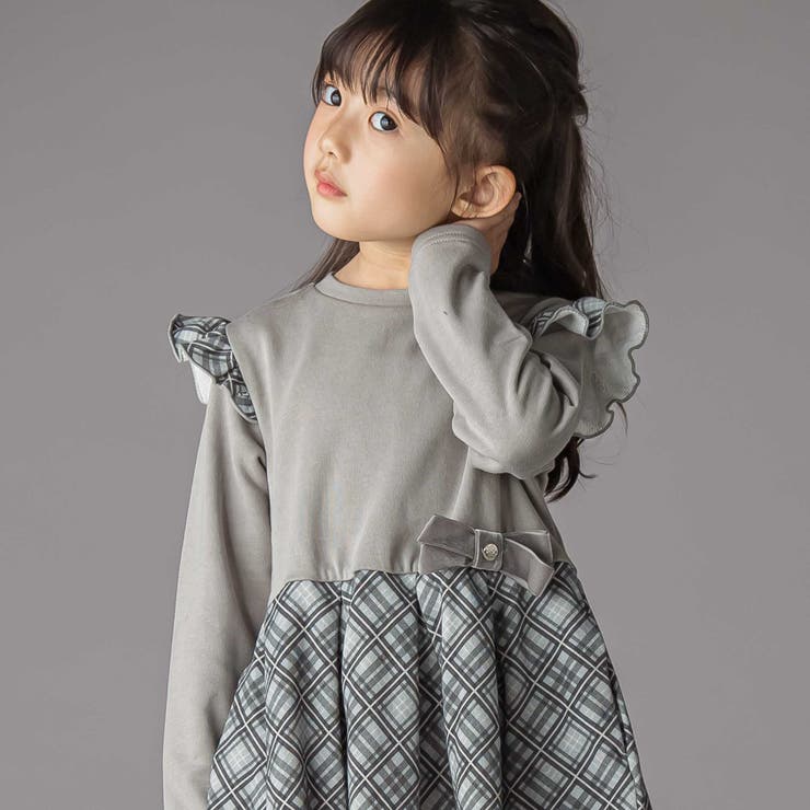 【お揃い】チェック柄裏毛ベロアリボンタックワンピース(95~150cm) | BeBe Petits Pois Vert | 詳細画像4 