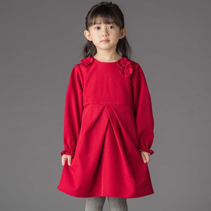 レッド | 立体花モチーフ斜めタックワンピース(95~150cm) | BeBe Petits Pois Vert