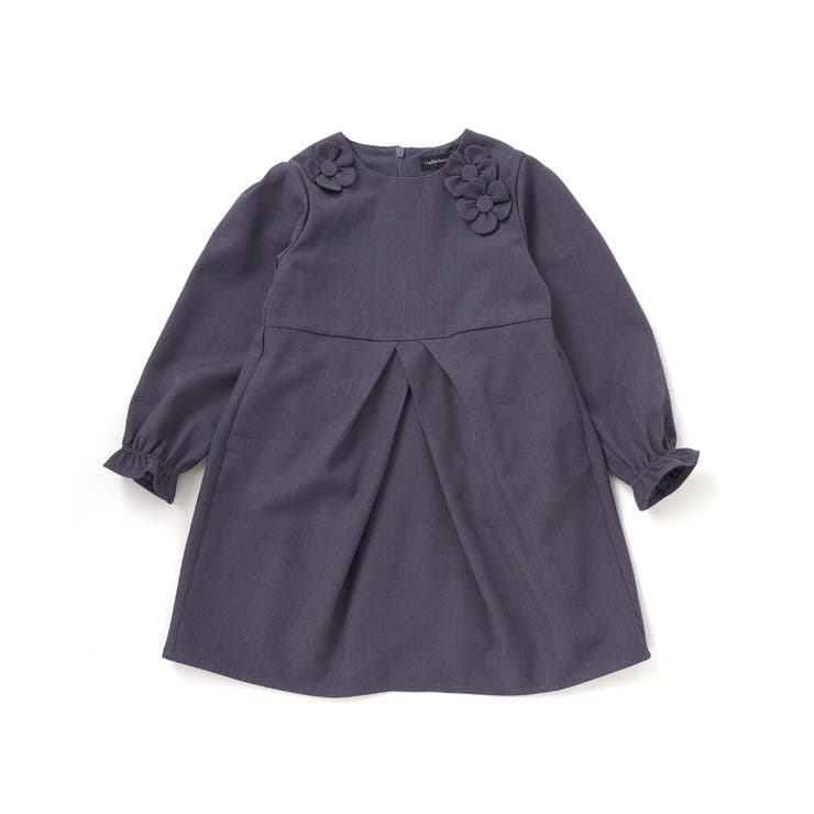 ネイビー系 | 立体花モチーフ斜めタックワンピース(95~150cm) | BeBe Petits Pois Vert