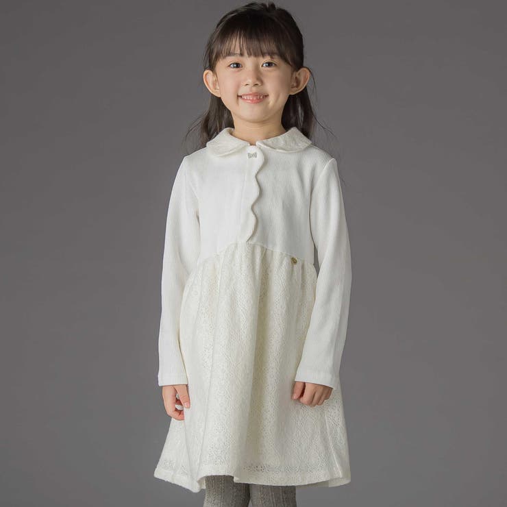 ホワイト系 | ニットリブ+レース起毛ドッキング長袖ワンピース(95~150cm) | BeBe Petits Pois Vert