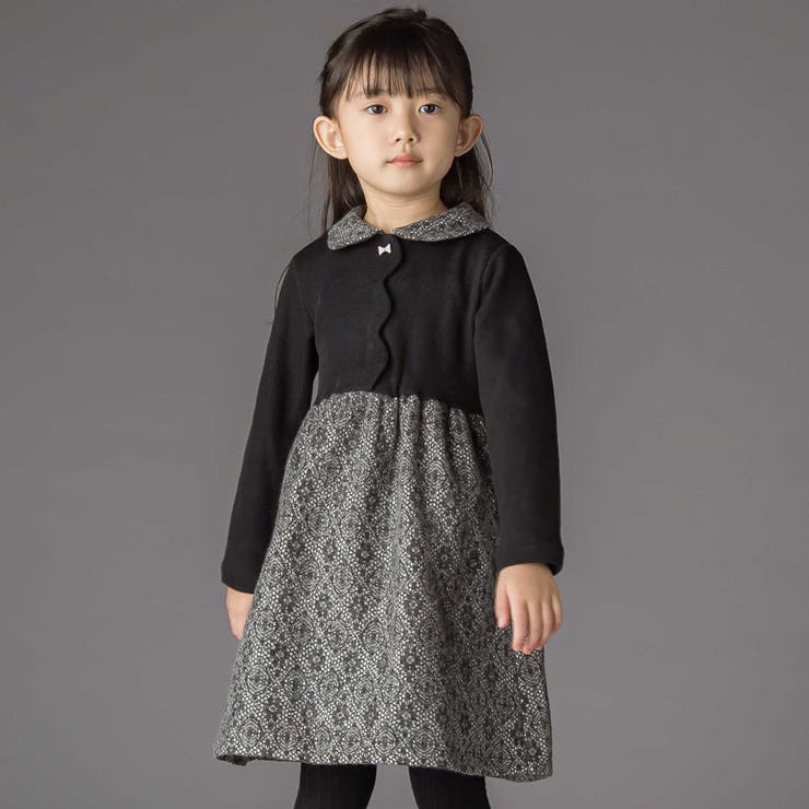 ブラック系 | ニットリブ+レース起毛ドッキング長袖ワンピース(95~150cm) | BeBe Petits Pois Vert