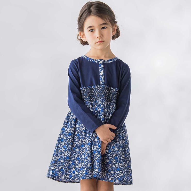 天竺+小花シャーリング長袖ワンピース(95~150cm) | BeBe Petits Pois Vert | 詳細画像1 