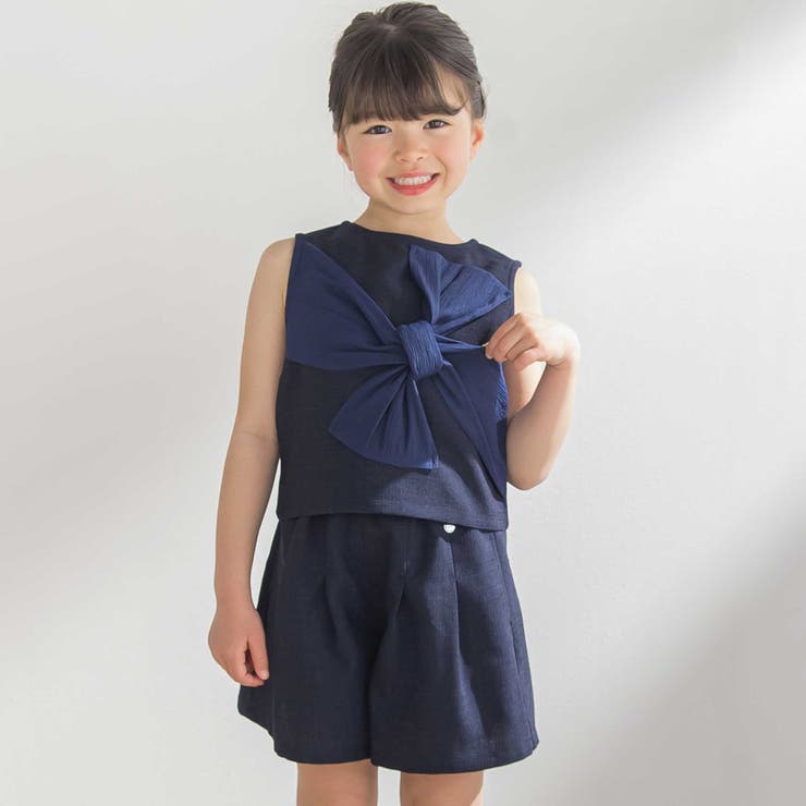 ネイビー | 【前後着用可能】ノースリーブブラウス+タックキュロットパンツセットアップ(95~… | BeBe Petits Pois Vert