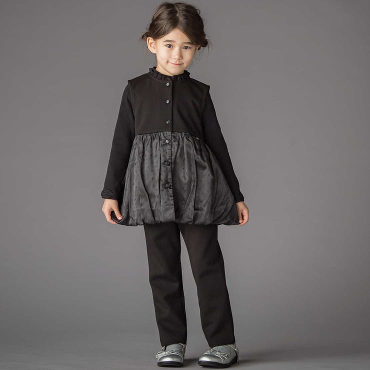 ブラック | ドット切り替えバルーンジレ+ポンチパンツセットアップ(95~150cm) | BeBe Petits Pois Vert