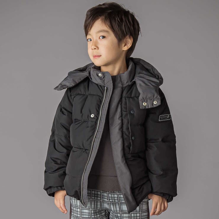 ブラック系 | 配色タフタ切り替えダウンコート(95~160cm) | BeBe Petits Pois Vert