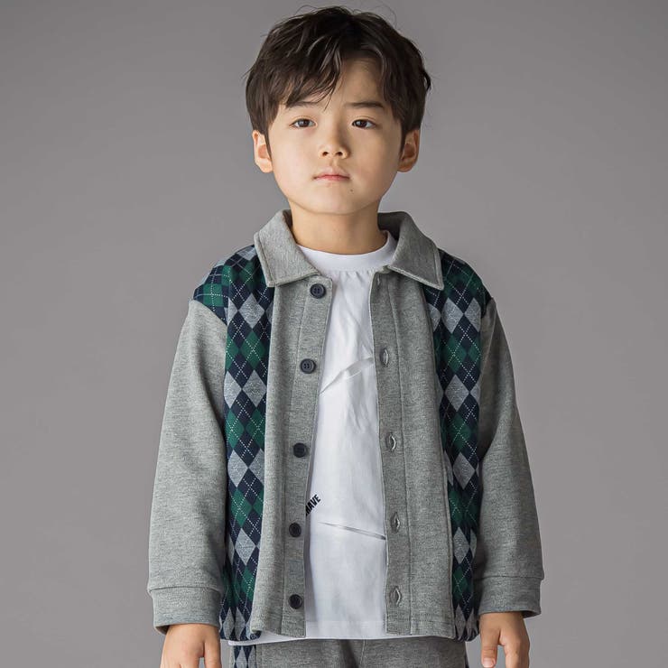 【お揃い】アーガイル+裏毛切り替え襟付きカーディガン(95~150cm) | BeBe Petits Pois Vert | 詳細画像1 