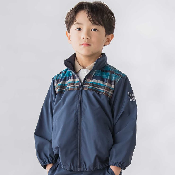 【お揃い】タフタ+チェック切り替えジップアップブルゾン(95~150cm) | BeBe Petits Pois Vert | 詳細画像1 
