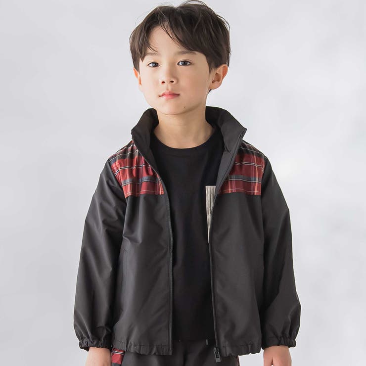 ブラック系 | 【お揃い】タフタ+チェック切り替えジップアップブルゾン(95~150cm) | BeBe Petits Pois Vert