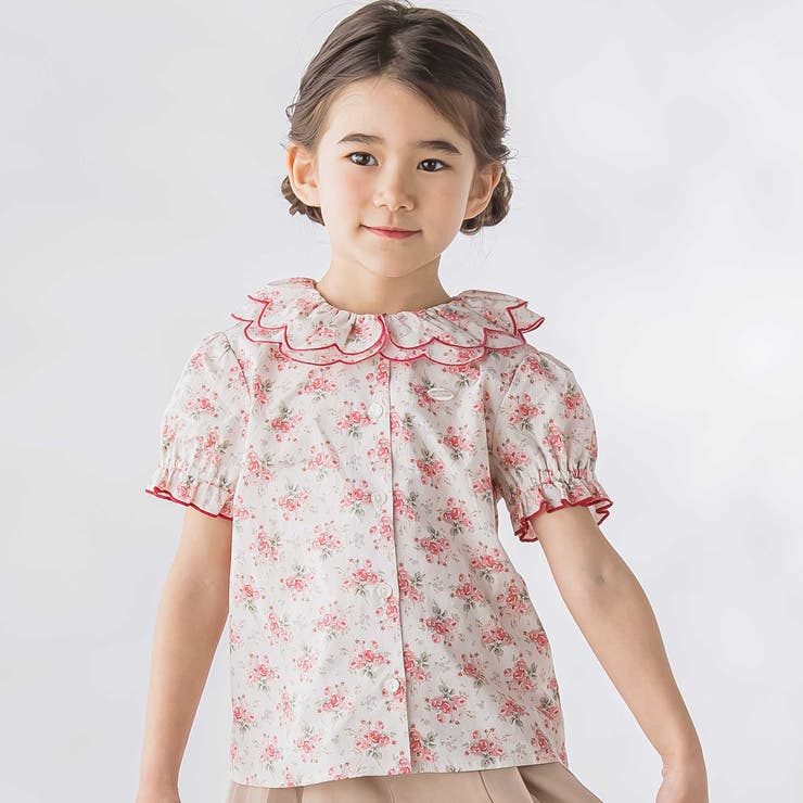 レッド系 | バラ柄スカラップ襟半袖ブラウス(95~150cm) | BeBe Petits Pois Vert