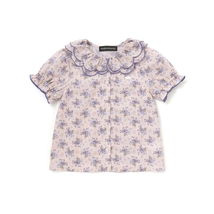 ブルー系 | バラ柄スカラップ襟半袖ブラウス(95~150cm) | BeBe Petits Pois Vert