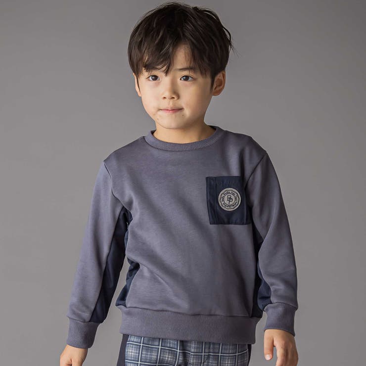 ブルー系 | 裏毛×タフタ切り替えトレーナー(95~160cm) | BeBe Petits Pois Vert