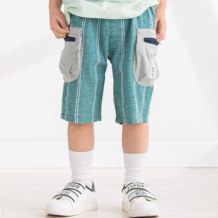 グリーン系 | ストライプダンガリーハーフパンツ(95~150cm) | BeBe Petits Pois Vert
