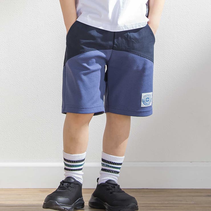 ブルー系 | 斜めカットソー布帛切り替え5分丈パンツ(95~160cm) | BeBe Petits Pois Vert