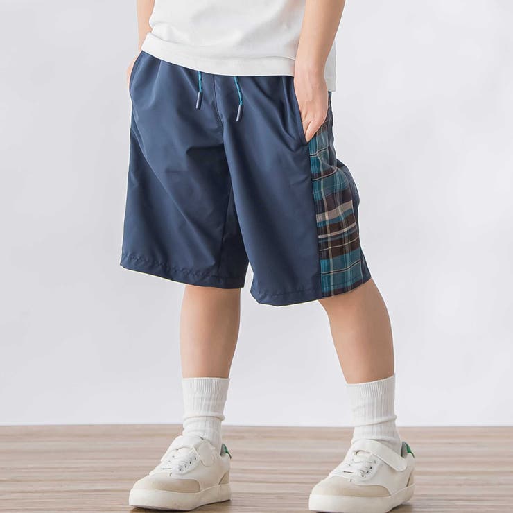 【お揃い】タフタ+チェック切り替えハーフパンツ(95~150cm) | BeBe Petits Pois Vert | 詳細画像1 