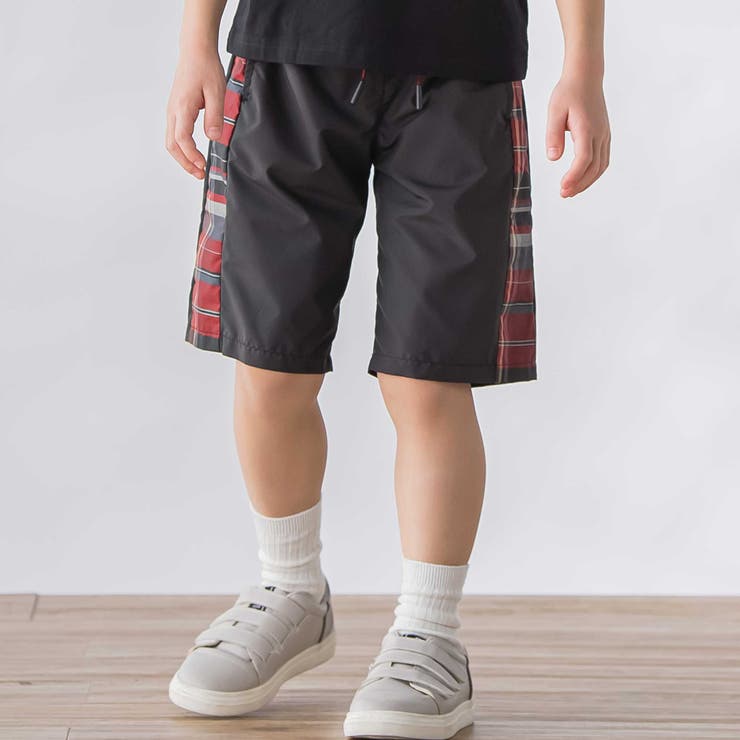 ブラック系 | 【お揃い】タフタ+チェック切り替えハーフパンツ(95~150cm) | BeBe Petits Pois Vert