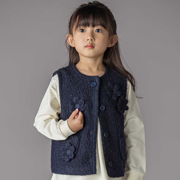 ネイビー | 花モチーフシープボアベスト(95~150cm) | BeBe Petits Pois Vert