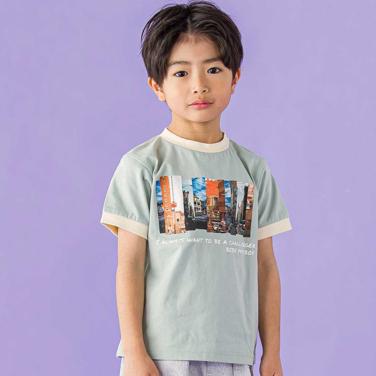 グリーン系 | フォトプリント天竺配色半袖リンガーTシャツ(95~150cm) | BeBe Petits Pois Vert