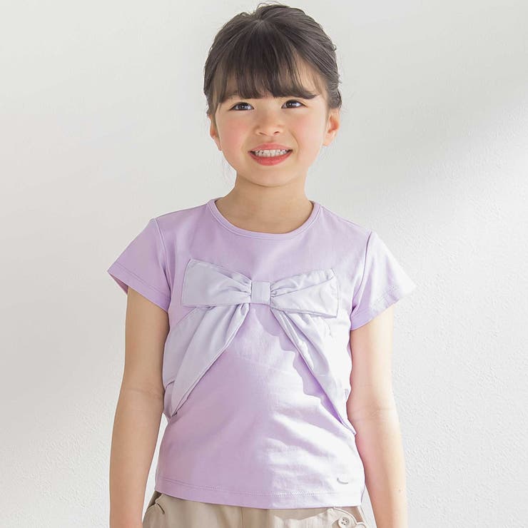 パープル | サテン風配色リボンモチーフ半袖Tシャツ(95~150cm) | BeBe Petits Pois Vert