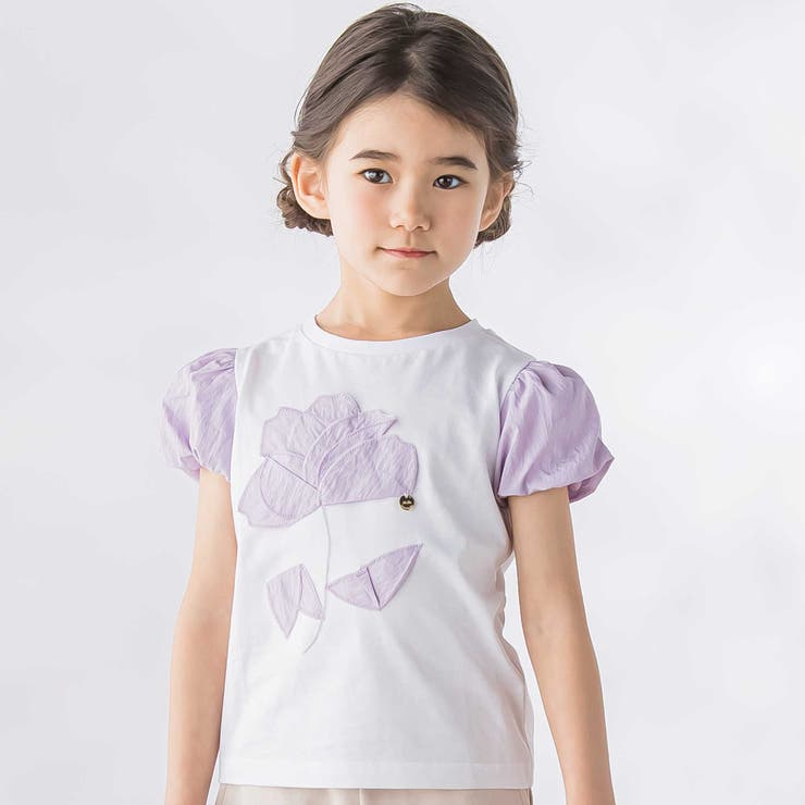 ホワイト | お花パッチワーク半袖Tシャツ(95~160cm) | BeBe Petits Pois Vert