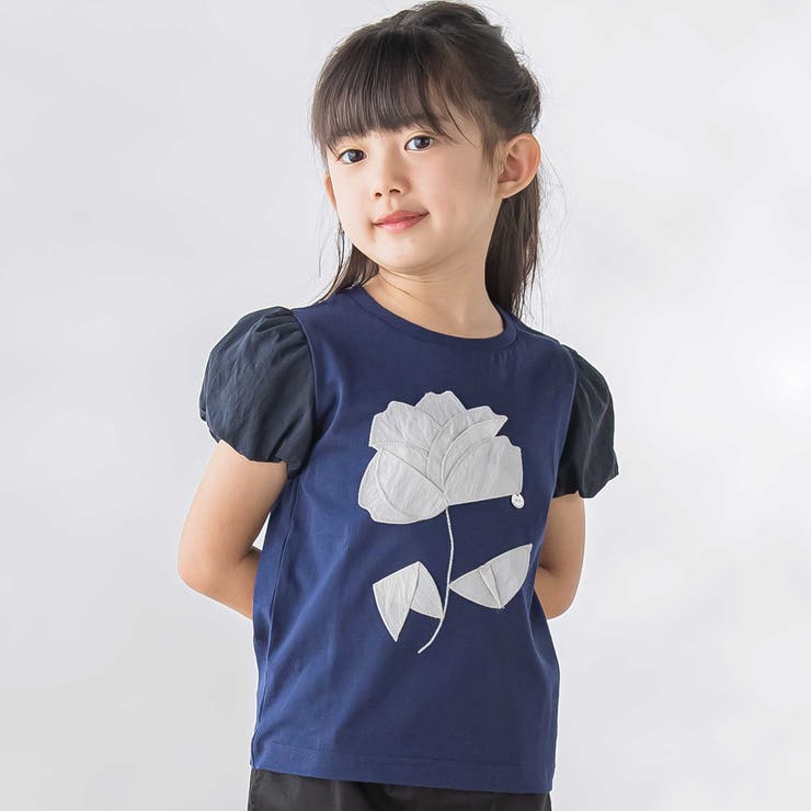 ネイビー | お花パッチワーク半袖Tシャツ(95~160cm) | BeBe Petits Pois Vert