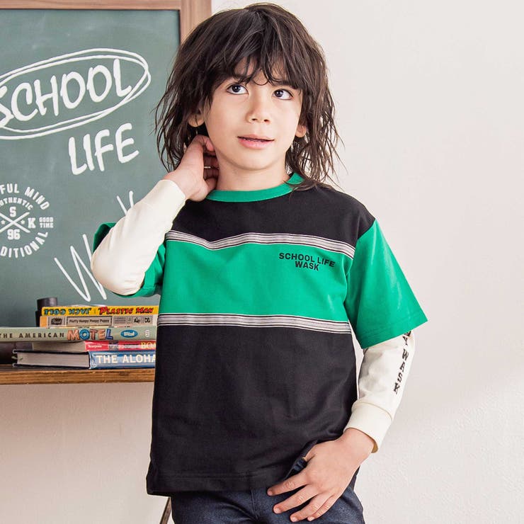 ブラック | バイカラーミニ裏毛Tシャツ＋天竺ロゴプリントロンT セット(100~160cm) | WASK
