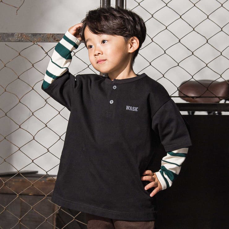 ブラック | ヘンリーネックBIGTシャツ＆ボーダーロングTシャツセット(110~160cm) | WASK